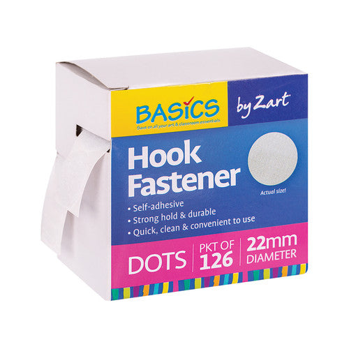Zart Hook Fastener Dots Pack of 126. Close-up of Zart hook fastener dots suitable for fabric walls and partitions.