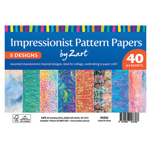Zart Impressionist Pattern Papers A4 pack of 40 sheets front view