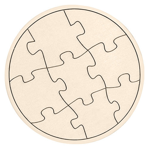 Close-up of a single Zart mini round jigsaw showing 9 plywood pieces