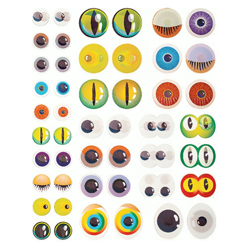 Close-up of Zart lenticular moving eyes stickers showing colour variation and sizes from 1.5 cm to 3 cm