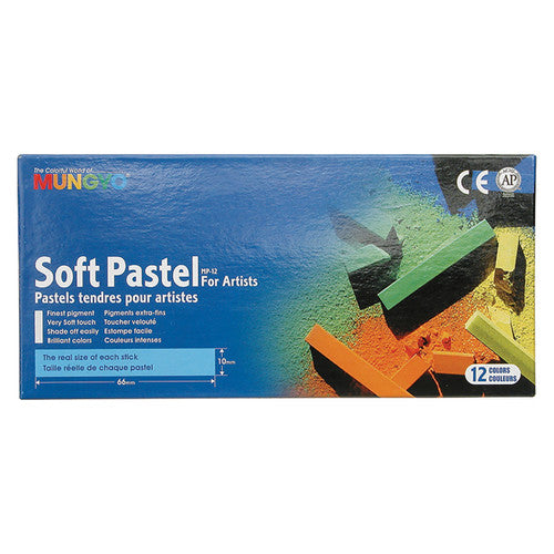 Mungyo soft pastels in 12 assorted colours laid out on a white surface