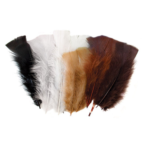 Zart Natural Feathers 60g pack containing approximately 240 assorted feathers in Black, Grey, White, Tan, Burnt Sienna, and Chocolate