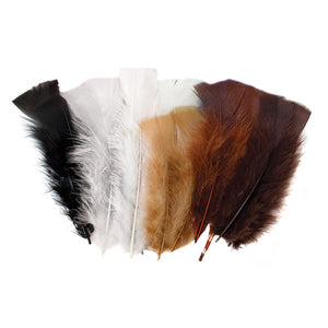 Zart Natural Feathers 60g pack containing approximately 240 assorted feathers in Black, Grey, White, Tan, Burnt Sienna, and Chocolate