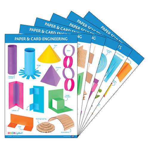 Set of six Zart A2 paper and cardboard construction charts displayed showing colourful diagrams on sculpture, construction and engineering techniques