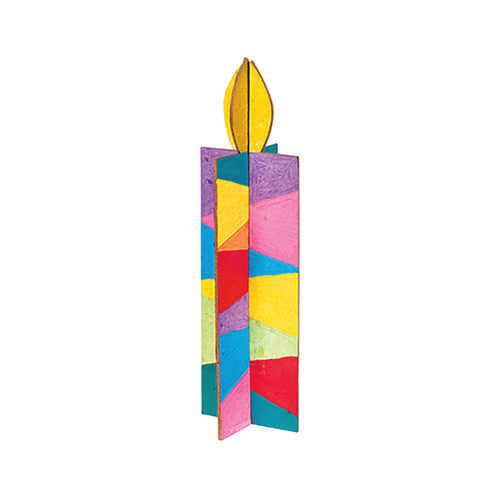 Assembled 3D papier mache standing candles decorated with paint and glitter
