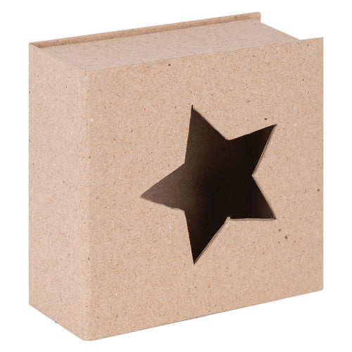 Zart Papier Mache Star Cut-Out Box with flip-top lid closed, viewed from above showing star cut-out