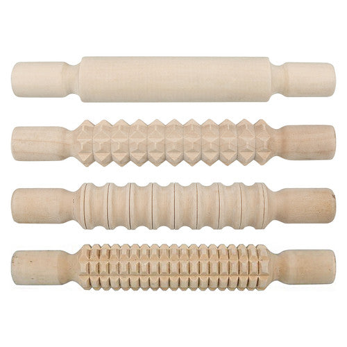 Zart patterned wooden rolling pins pack of 4 laid out side by side