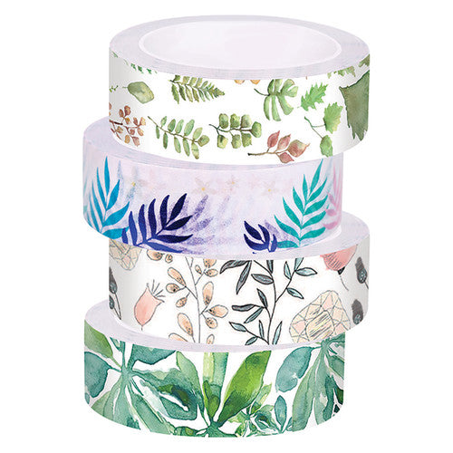 Close-up of Zart plant washi tape rolls showing plain and blue foil finishes with hand-drawn botanical patterns