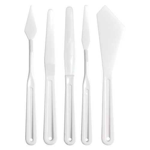 Zart assorted plastic palette knives set of 5 laid out on a white background
