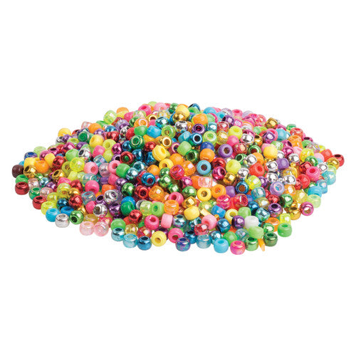Zart Pony Beads 9mm Assorted Tub of 250g. Zart 9mm assorted pony beads in a resealable 250g tub showing mixed opaque and translucent colours.