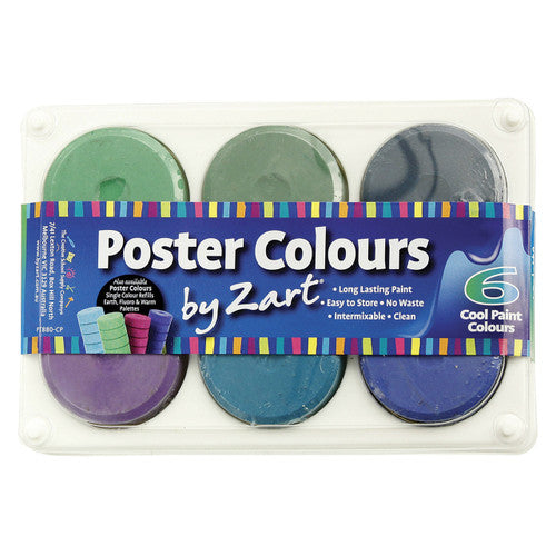 Zart Poster Colour Palette Cool Set of 6 including ultramarine, brilliant green, sky blue, prussian blue, violet and viridian shades