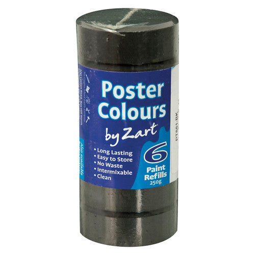 Zart Poster Colours Refill Black Pack of 6. Zart black poster colour refill blocks, pack of 6, each block 44mm diameter and 16mm thick.