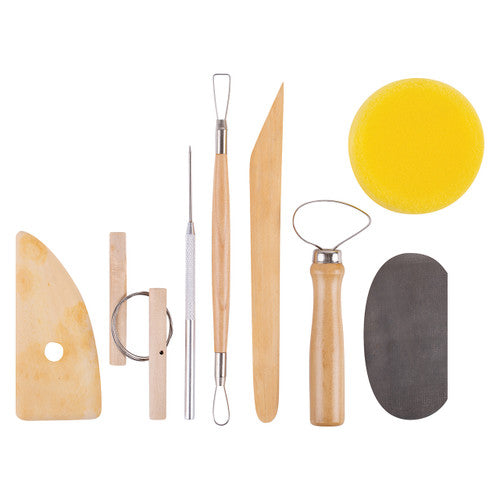 Zart Pottery Tool Kit Pack of 8 with storage wallet, including sponge, kidney, needle, loop tool, clay cutter, modelling tools, and wire tool