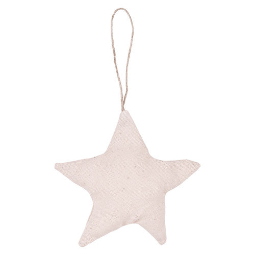 Calico angel and star ornaments with sewn-in jute hangers on a white background