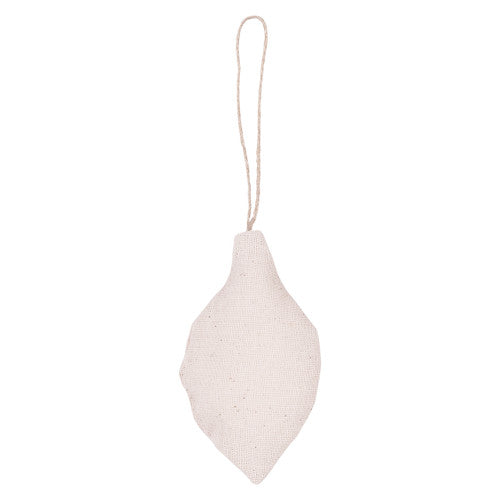 Close-up of calico bauble ornament showing polyester fill and jute hanger