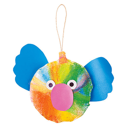 Close-up of a plain calico round bauble filled with polyester stuffing, ready to decorate
