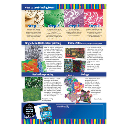 Zart Printing Foam A3 Pack of 10. Printed artwork produced using Zart A3 printing foam with water-based ink.