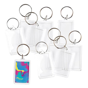 Zart clear plastic rectangle key ring tags, pack of 10, front view