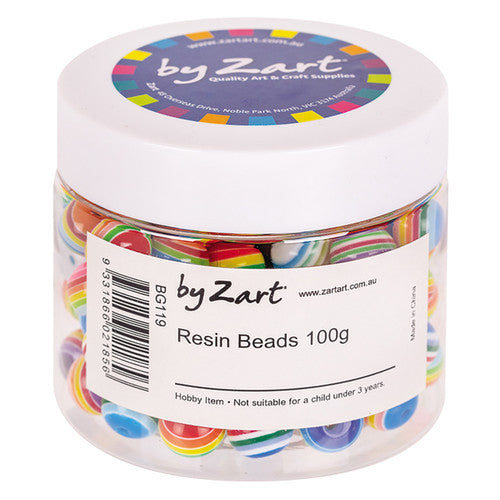 Zart assorted resin beads in a 100g storage jar with multicolour stripe pattern