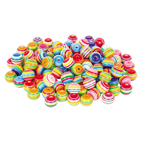 Close-up of slightly oval high-gloss resin beads showing vibrant multicolour stripes