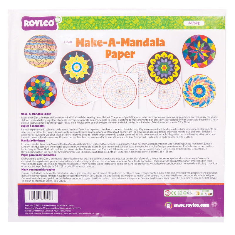 Completed mandala designs drawn in coloured marker on the guideline paper, showing the symmetry the printed grid produces.