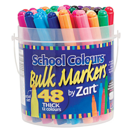 Zart School Colours Thick Markers assorted tub of 48, showing 12 vibrant colours arranged in a plastic storage tub