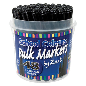 Zart thick black water-based markers in a tub of 48, medium point tip, suitable for classroom and art room use