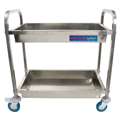 Zart stainless steel school trolley with watertight tray and heavy-duty castors, front view