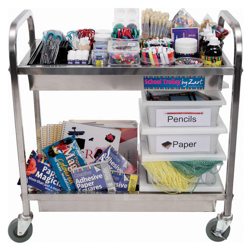 Zart school trolley showing easy-grip handles and wheel brakes, side angle view