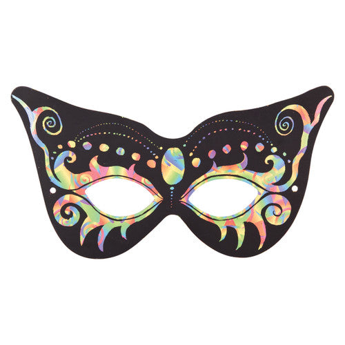 Completed scratch art eye mask showing vibrant rainbow pattern