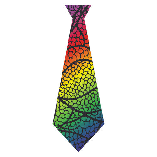 Completed Zart scratch ties displaying vibrant rainbow patterns, hung with elastic