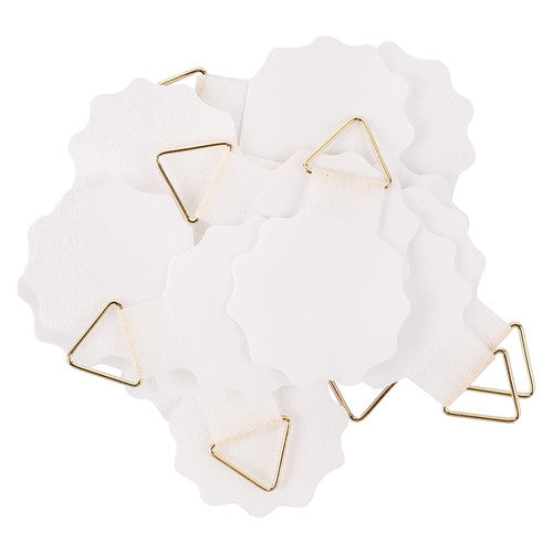 Close-up of a clear 30mm Zart hanging tab showing flower-shape design and brass-plated ring