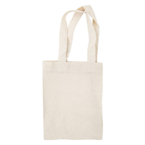 Zart Small Calico Bags Pack of 10. Zart small natural calico bags laid flat showing dimensions and reinforced handles, pack of 10.