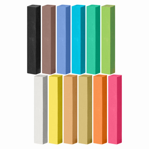 Zart Soft Pastels Assorted Pack of 144. Close-up of Zart soft pastel sticks measuring 10mm x 10mm x 65mm on textured paper.