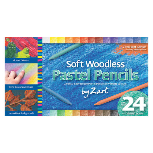 Zart Soft Woodless Pastel Pencils pack of 24 assorted colours arranged in a fan display