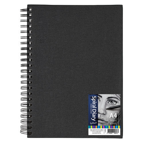 Zart Spiral Diary Hard Cover A4 100gsm. Zart A4 hard cover spiral diary with black canvas finish and 100gsm drawing paper, 80 sheets.