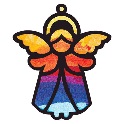 Child colouring the white backing sheet of a Zart Stained Glass Angel with markers