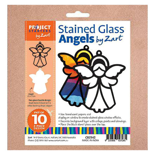 All 10 Zart Stained Glass Angels arranged as a festive classroom display