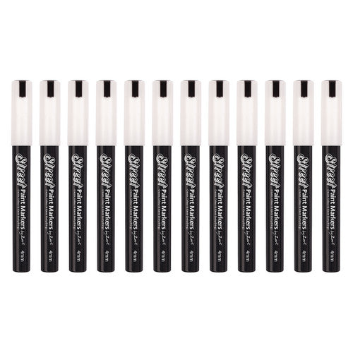 Zart Street Paint Markers in white with 4mm bullet nib, pack of 12 with hard storage case