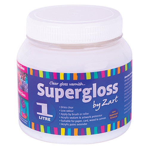 Zart Supergloss 1 litre resealable tub of water-based high gloss varnish