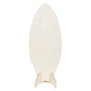 Zart 52cm FSC plywood surfboard with two-piece wooden display stand, shown upright on a white background