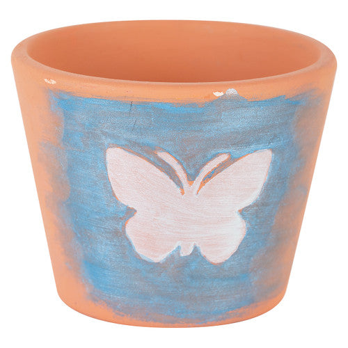 Terracotta pots decorated with colourful painted patterns for home decor