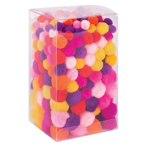 Zart warm tone pom poms in pink, orange, red, yellow, and purple in three assorted sizes spread on a white surface