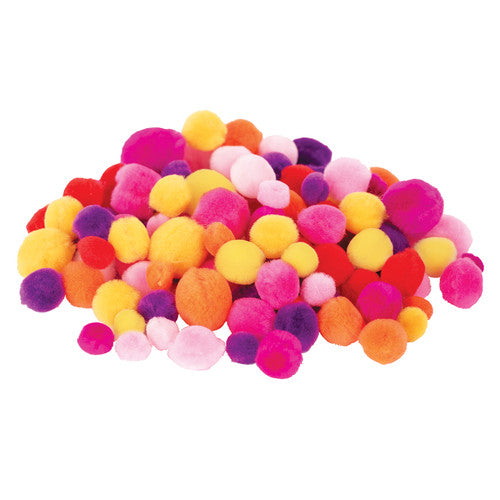 Close-up of fluffy warm tone pom poms in 12mm, 18mm, and 25mm sizes from the Zart 300-pack