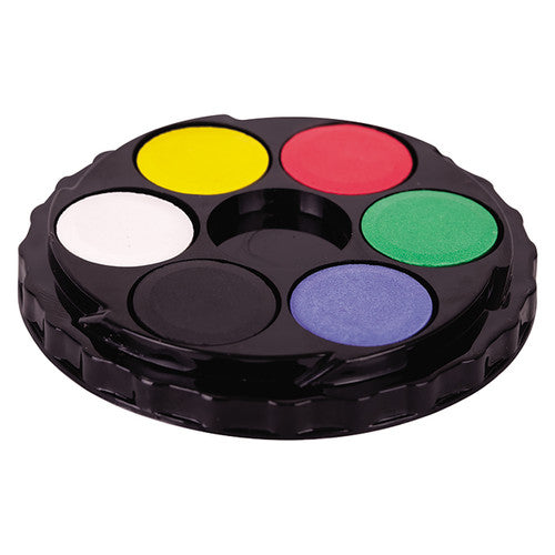 Zart Watercolour Paint Disc Pack of 24. Close-up of a single Zart watercolour disc with six 22mm pan colours and central mixing well