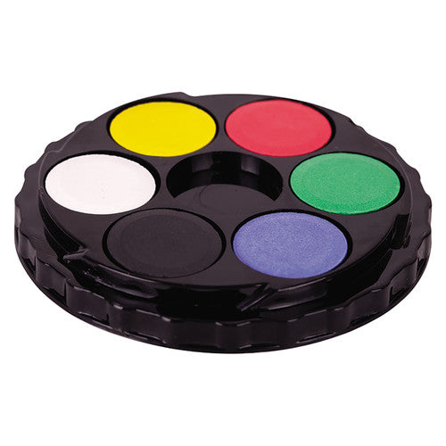 Zart Watercolour Paint Disc Pack of 36. Close-up of an open Zart watercolour disc revealing 6 paint pan colours and central mixing well