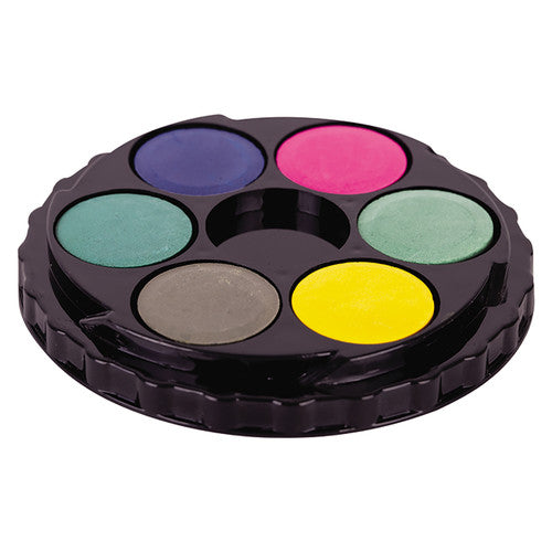Zart Watercolour Paint Disc Pack of 36. Wet brush being loaded with colour from a Zart watercolour paint pan disc