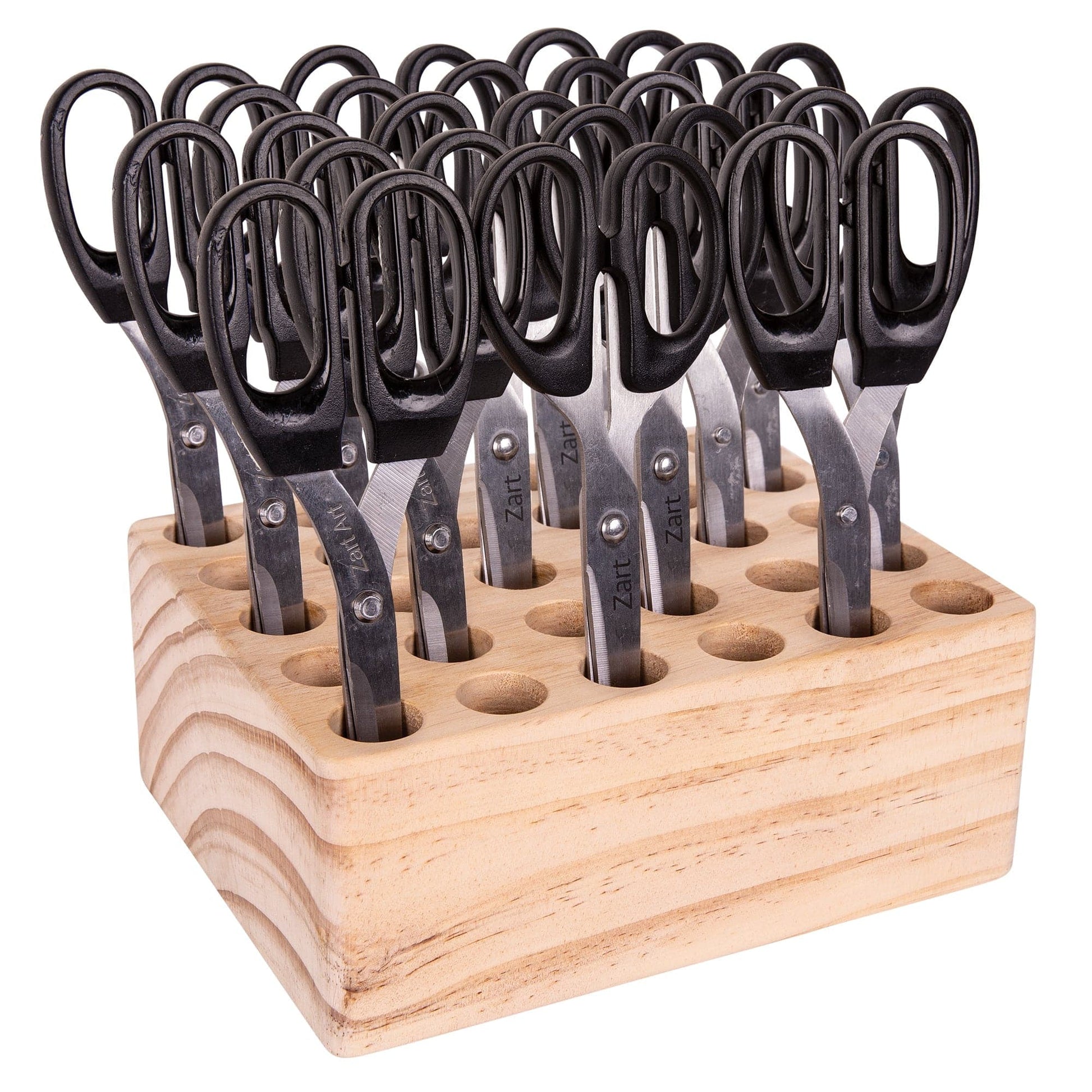 Top view of the wooden scissors holder showing the grid layout of the thirty holes across the block surface.