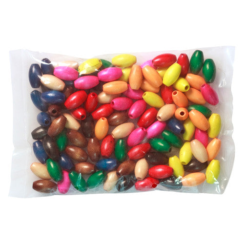 Zart Wooden Beads Oval 14 x 25mm Assorted Pack of 100. Close-up of assorted coloured oval wooden beads measuring 14 x 25mm by Zart.
