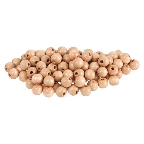 Zart 12mm round natural wooden beads, pack of 100, shown loose on a surface